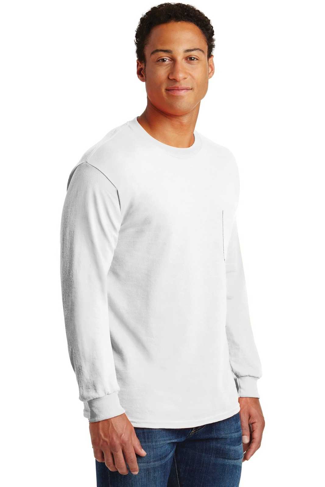 Gildan 2410 Ultra Cotton 100% Cotton Long Sleeve T-Shirt with Pocket - White - HIT a Double