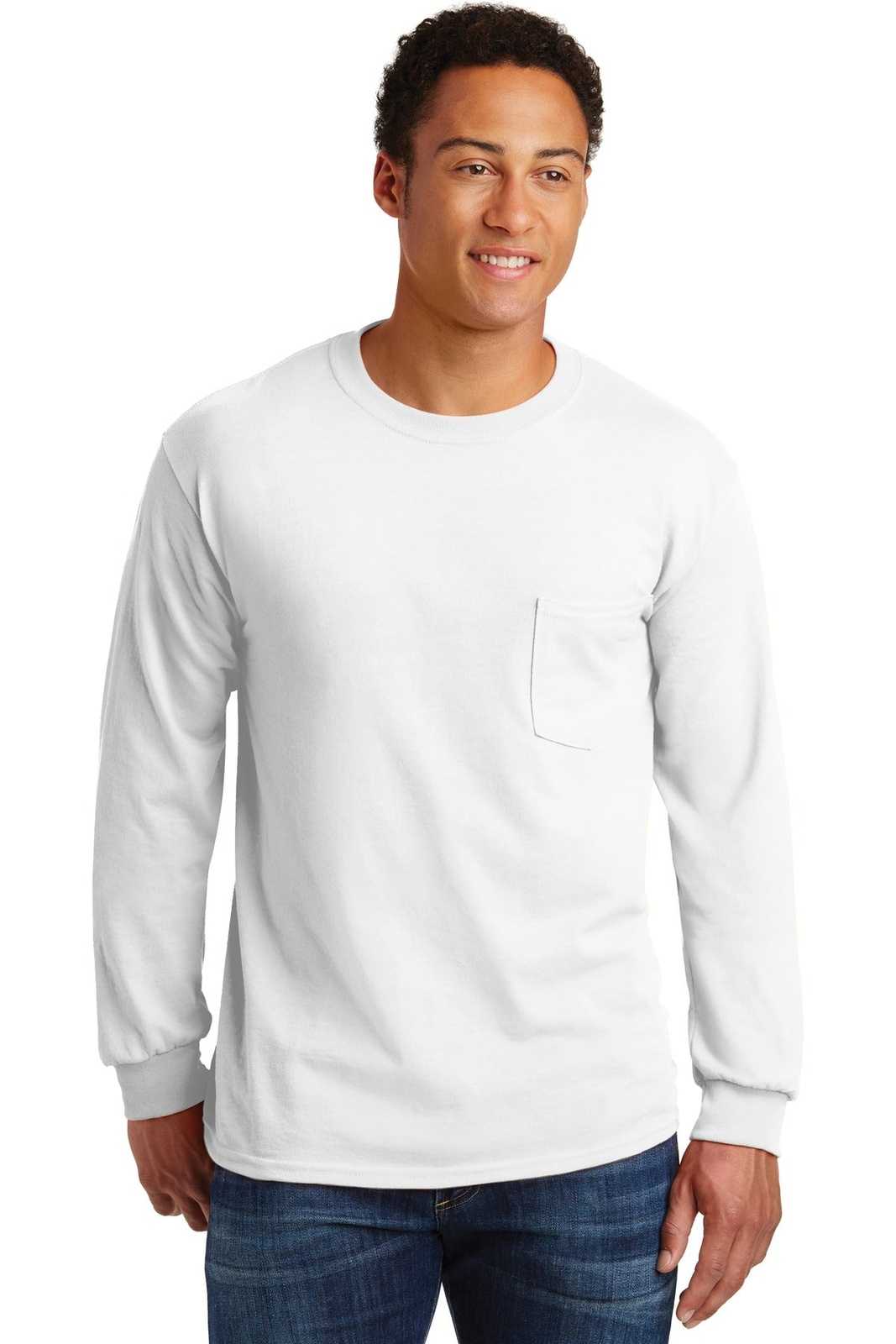 Gildan 2410 Ultra Cotton 100% Cotton Long Sleeve T-Shirt with Pocket - White - HIT a Double