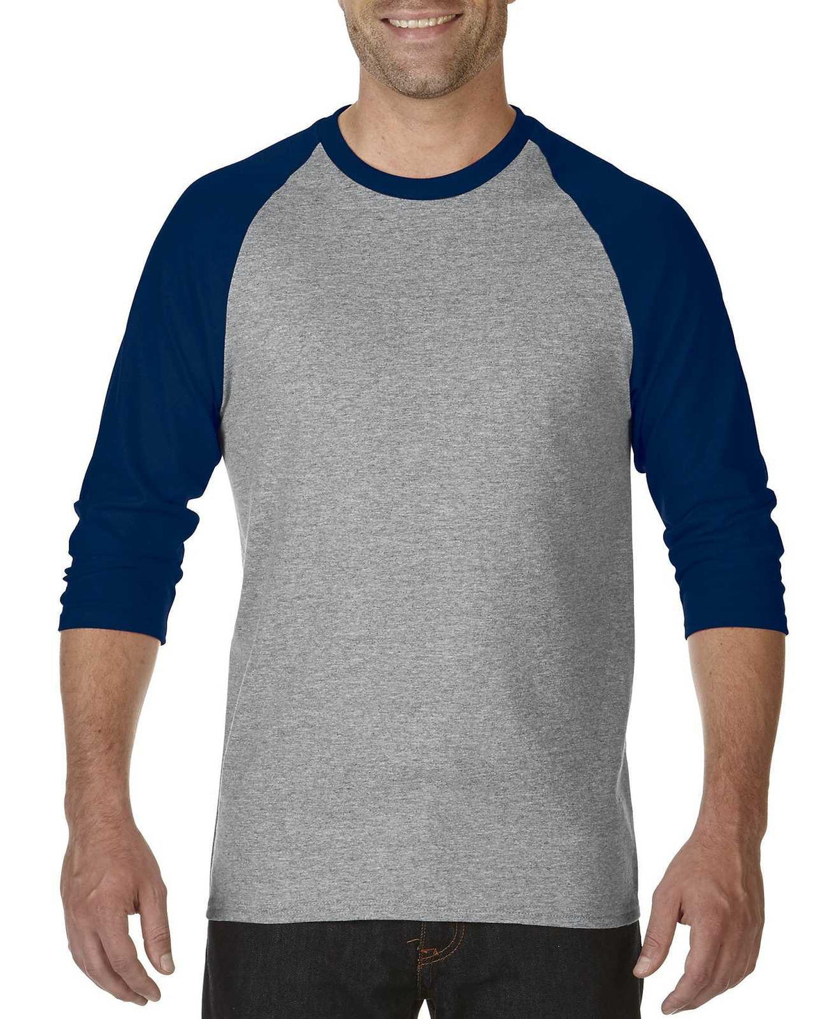 Gildan 5700 Heavy Cotton&amp;#8482; 3/4-Sleeve Raglan T-Shirt - Sport Grey/Navy - HIT a Double