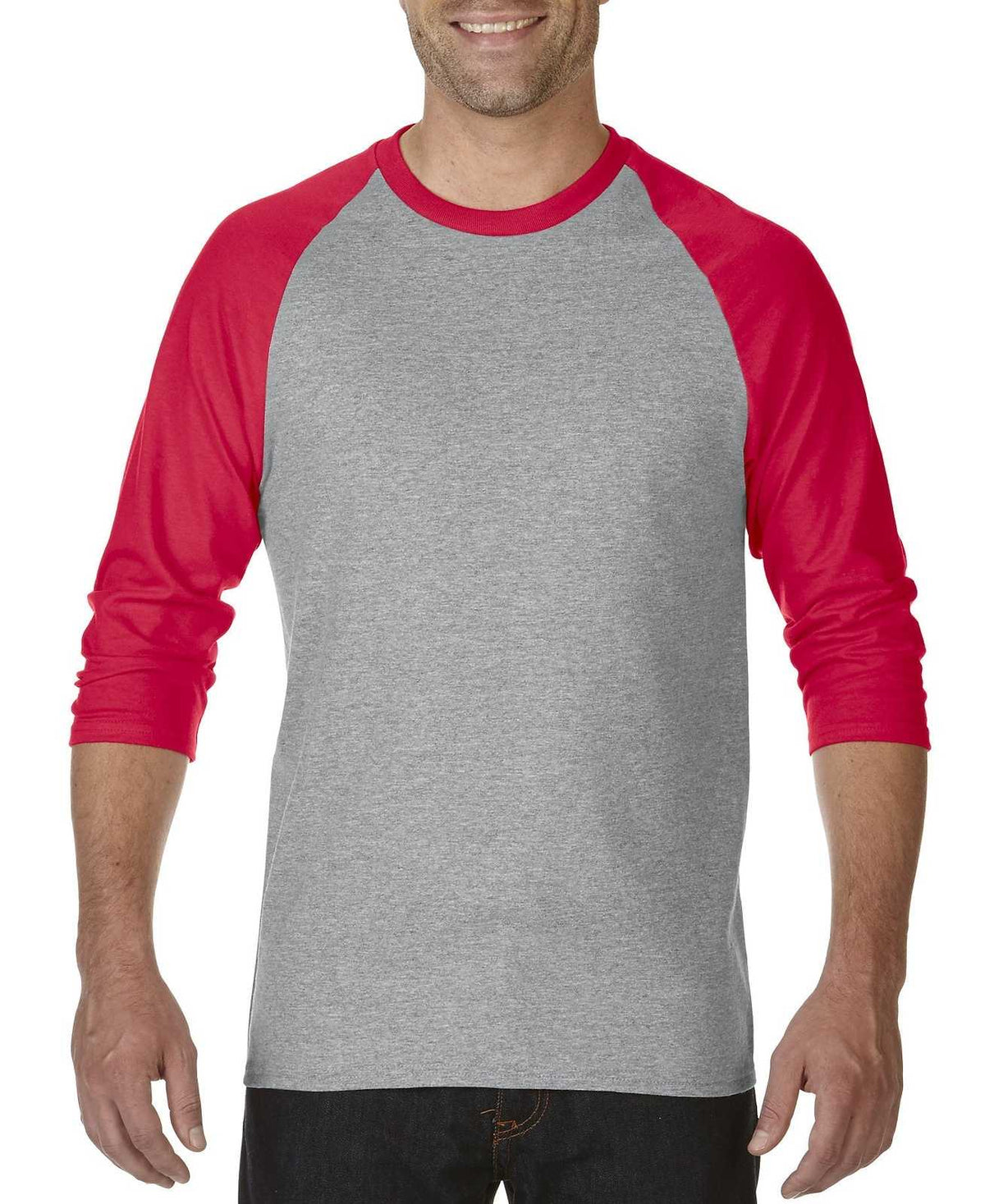 Gildan 5700 Heavy Cotton&amp;#8482; 3/4-Sleeve Raglan T-Shirt - Sport Grey/Red - HIT a Double