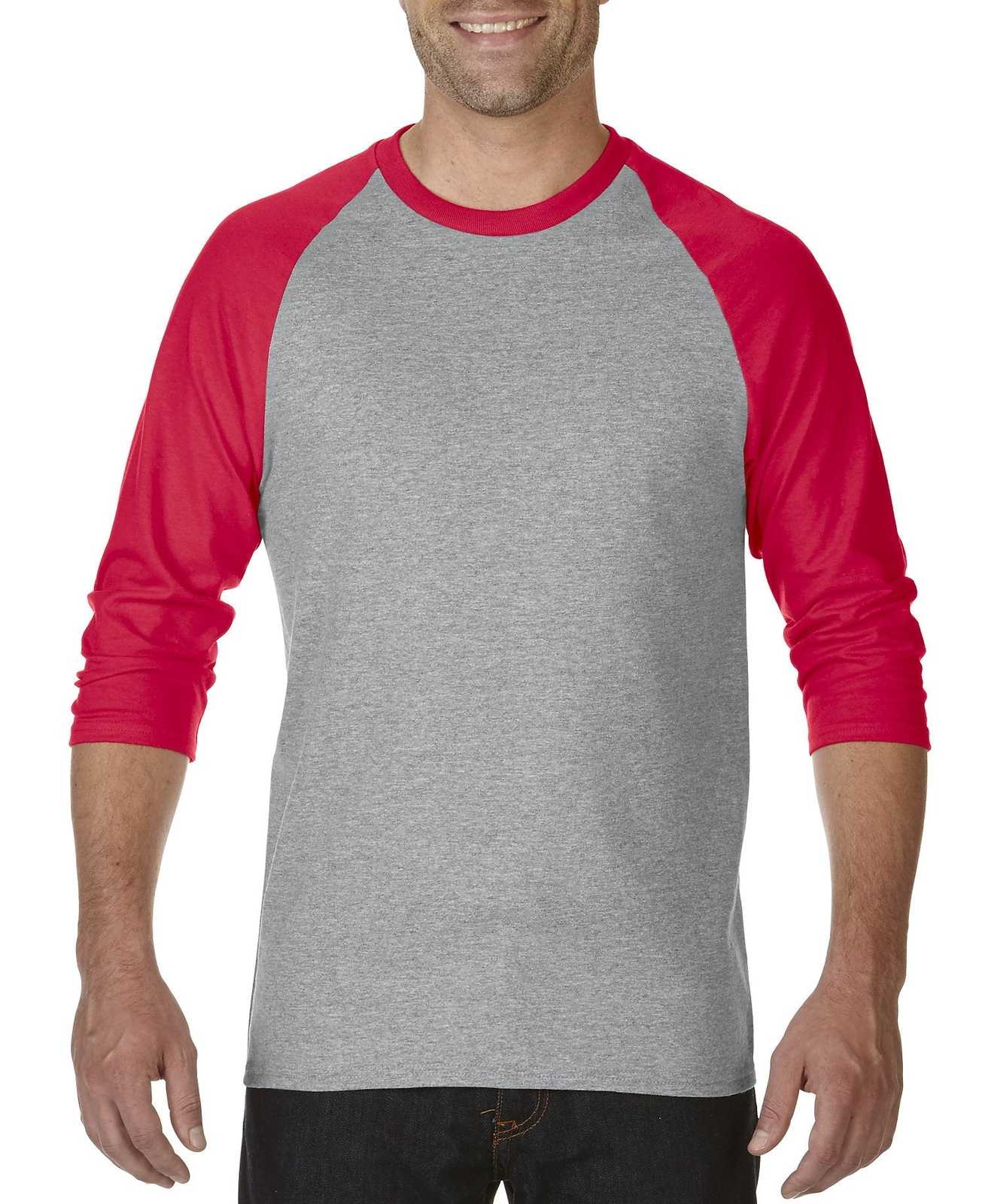 Gildan 5700 Heavy Cotton&#8482; 3/4-Sleeve Raglan T-Shirt - Sport Grey/Red - HIT a Double