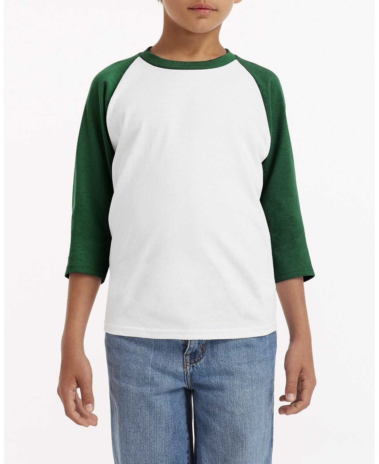 Gildan 5700 Heavy Cotton&#8482; 3/4-Sleeve Raglan T-Shirt - White/Forest Green - HIT a Double