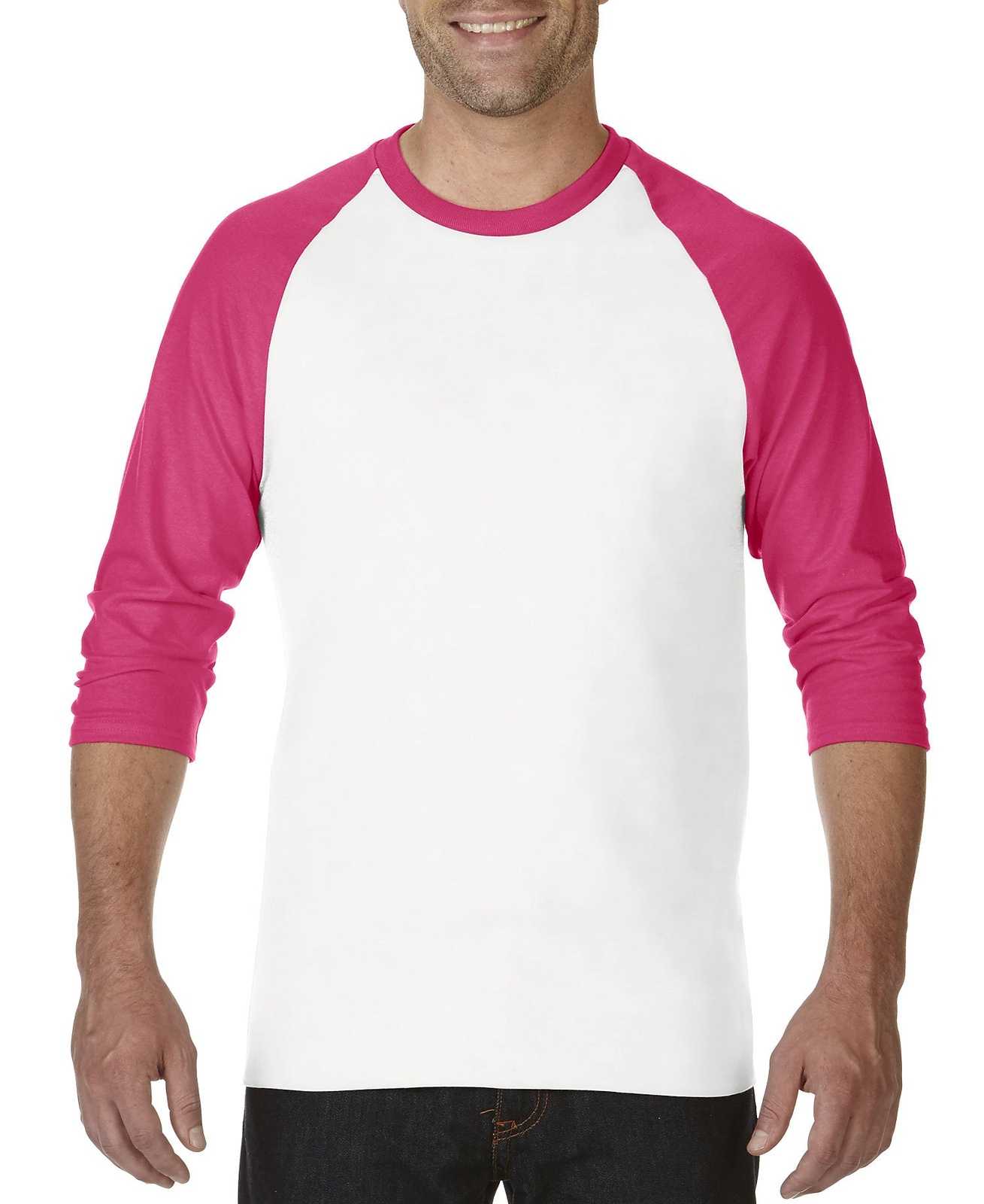 Gildan 5700 Heavy Cotton&#8482; 3/4-Sleeve Raglan T-Shirt - White/Heliconia - HIT a Double