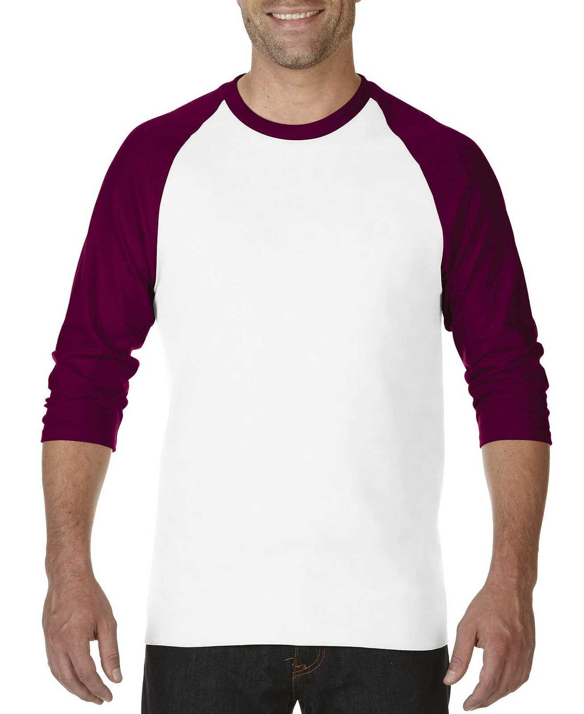 Gildan 5700 Heavy Cotton&amp;#8482; 3/4-Sleeve Raglan T-Shirt - White/Maroon - HIT a Double