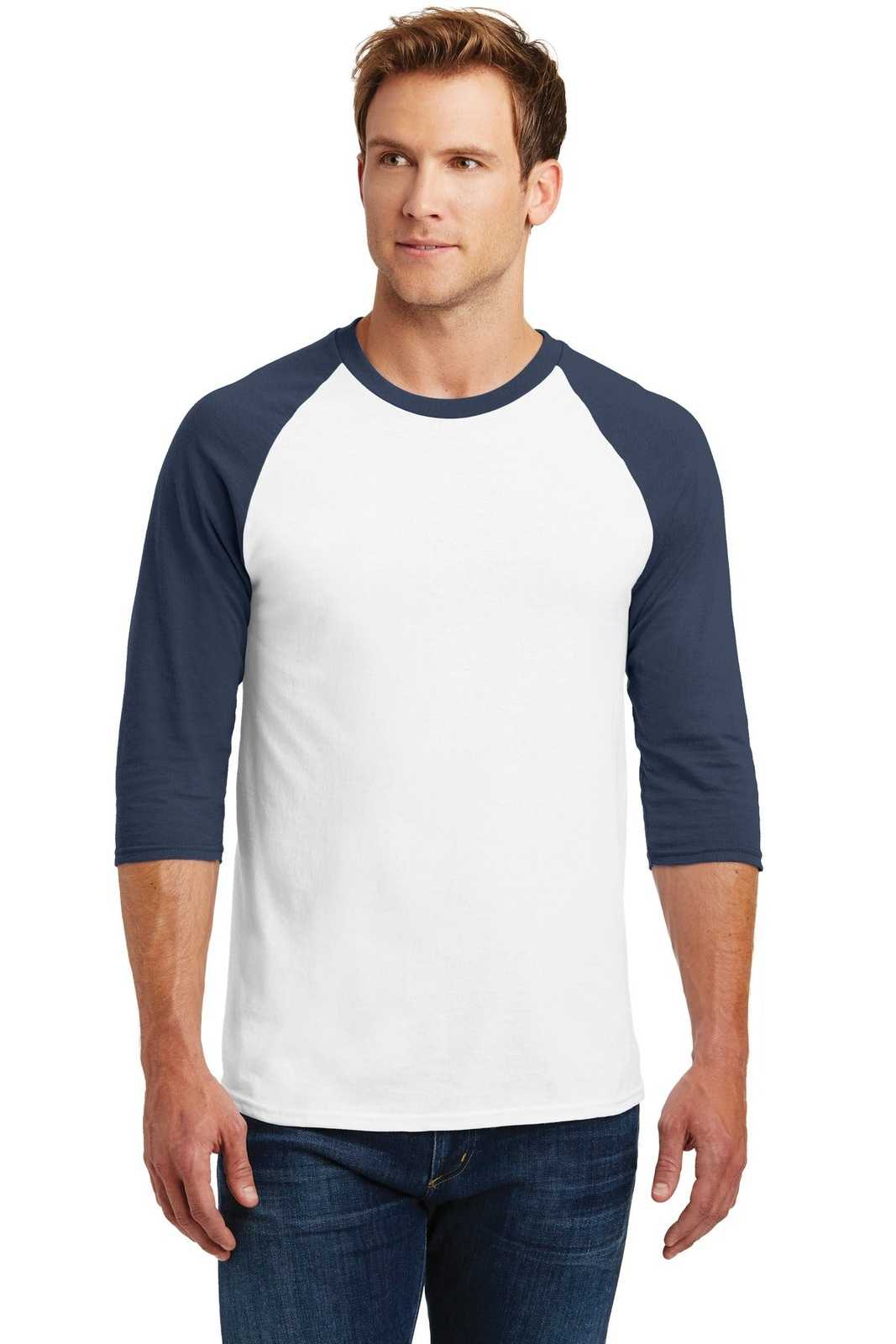 Gildan 5700 Heavy Cotton&amp;#8482; 3/4-Sleeve Raglan T-Shirt - White Navy - HIT a Double