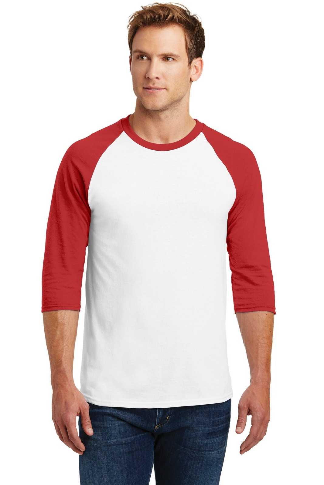 Gildan 5700 Heavy Cotton&amp;#8482; 3/4-Sleeve Raglan T-Shirt - White Red - HIT a Double