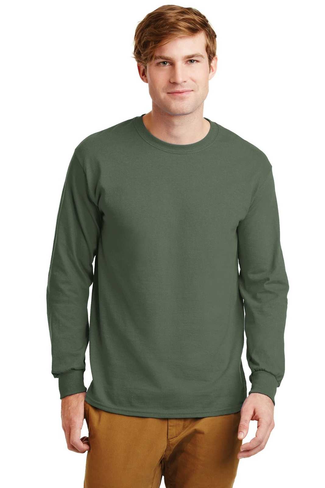 Gildan G2400 Ultra Cotton 100% Cotton Long Sleeve T-Shirt - Military Green - HIT a Double