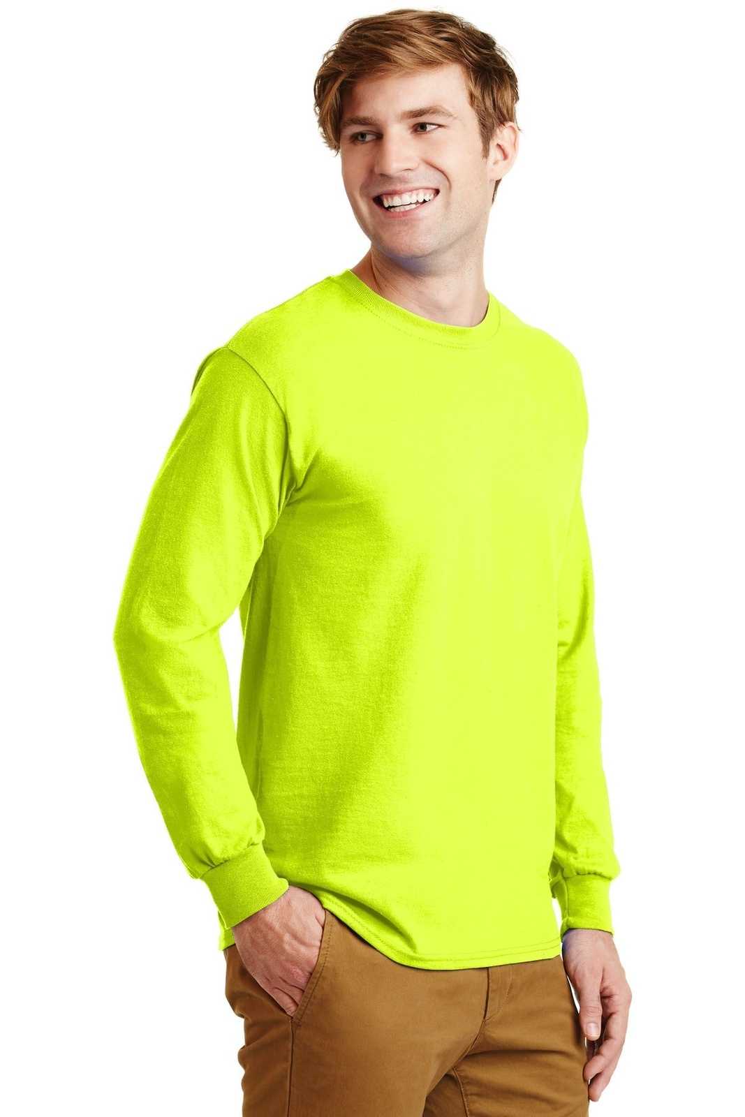 Gildan G2400 Ultra Cotton 100% Cotton Long Sleeve T-Shirt - Safety Green - HIT a Double
