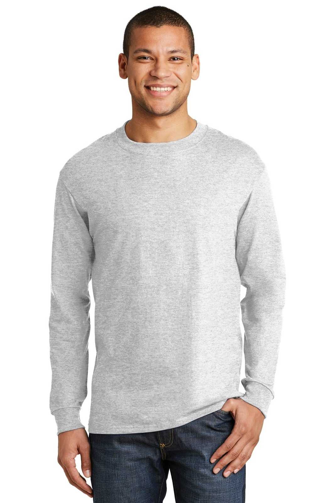 Hanes 5186 Beefy-T 100% Cotton Long Sleeve T-Shirt - Ash - HIT a Double