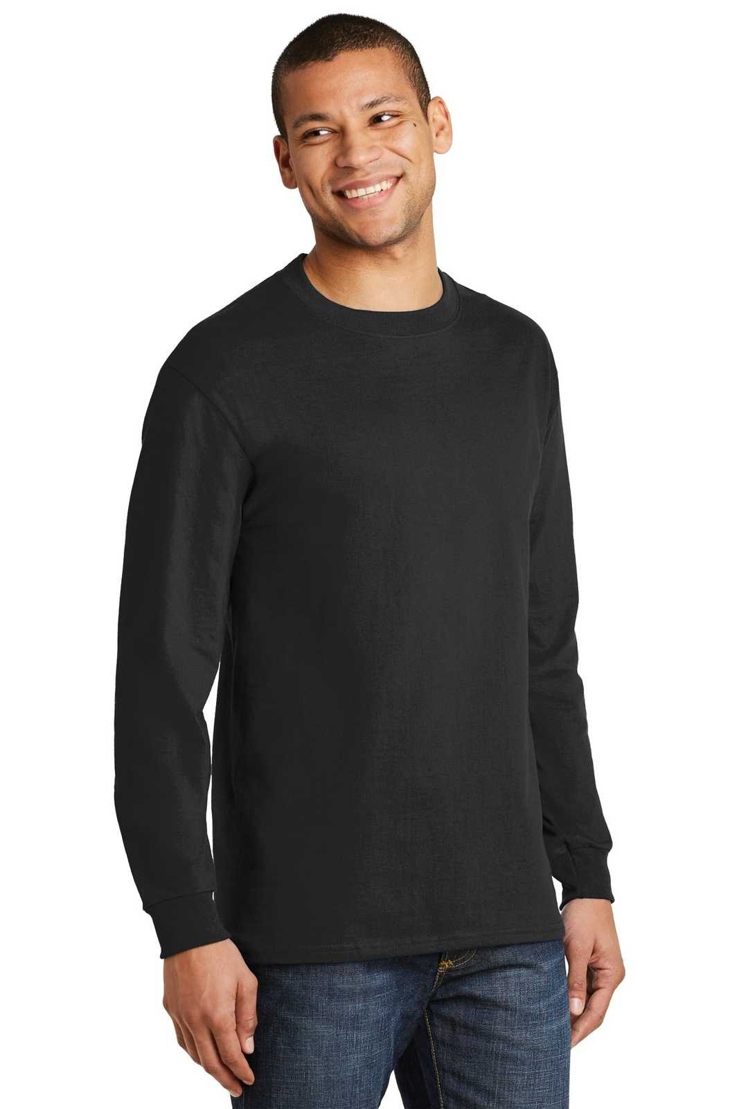 Hanes 5186 Beefy-T 100% Cotton Long Sleeve T-Shirt - Black - HIT a Double