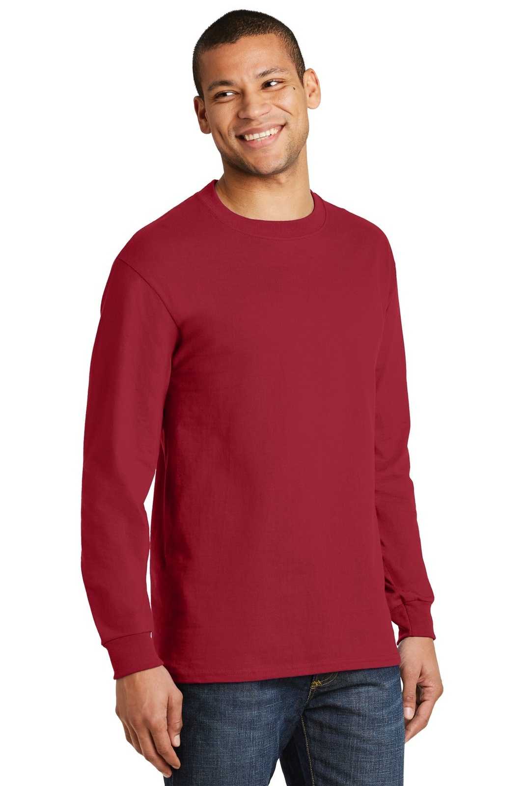 Hanes 5186 Beefy-T 100% Cotton Long Sleeve T-Shirt - Deep Red - HIT a Double