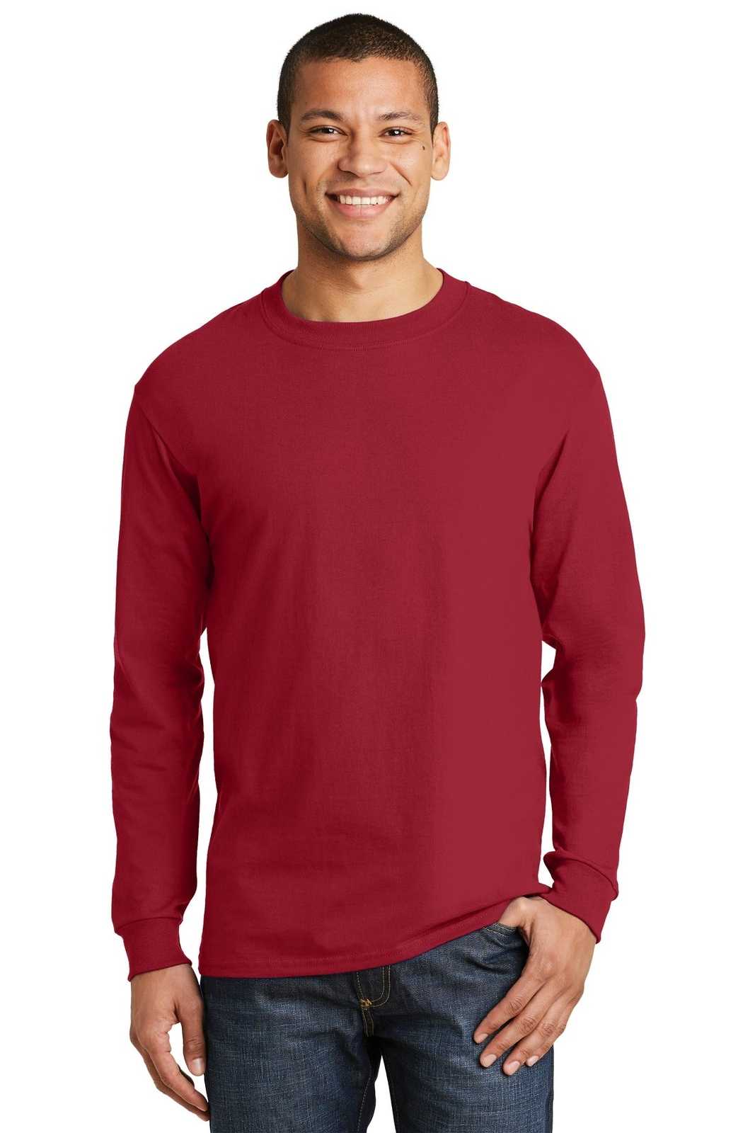 Hanes 5186 Beefy-T 100% Cotton Long Sleeve T-Shirt - Deep Red - HIT a Double