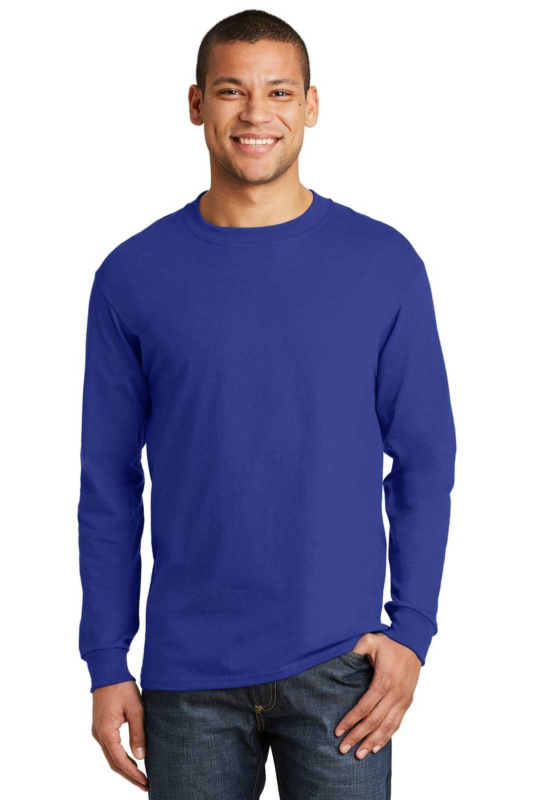 Hanes 5186 Beefy-T 100% Cotton Long Sleeve T-Shirt - Deep Royal - HIT a Double