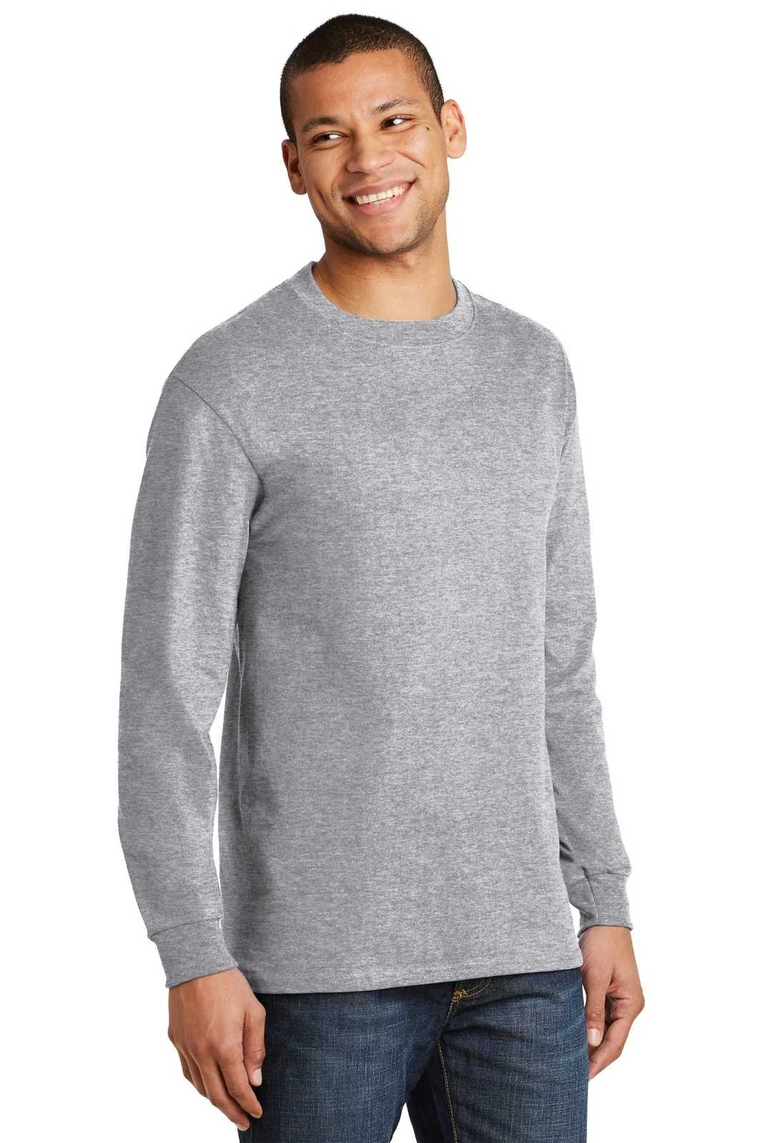 Hanes 5186 Beefy-T 100% Cotton Long Sleeve T-Shirt - Light Steel - HIT a Double