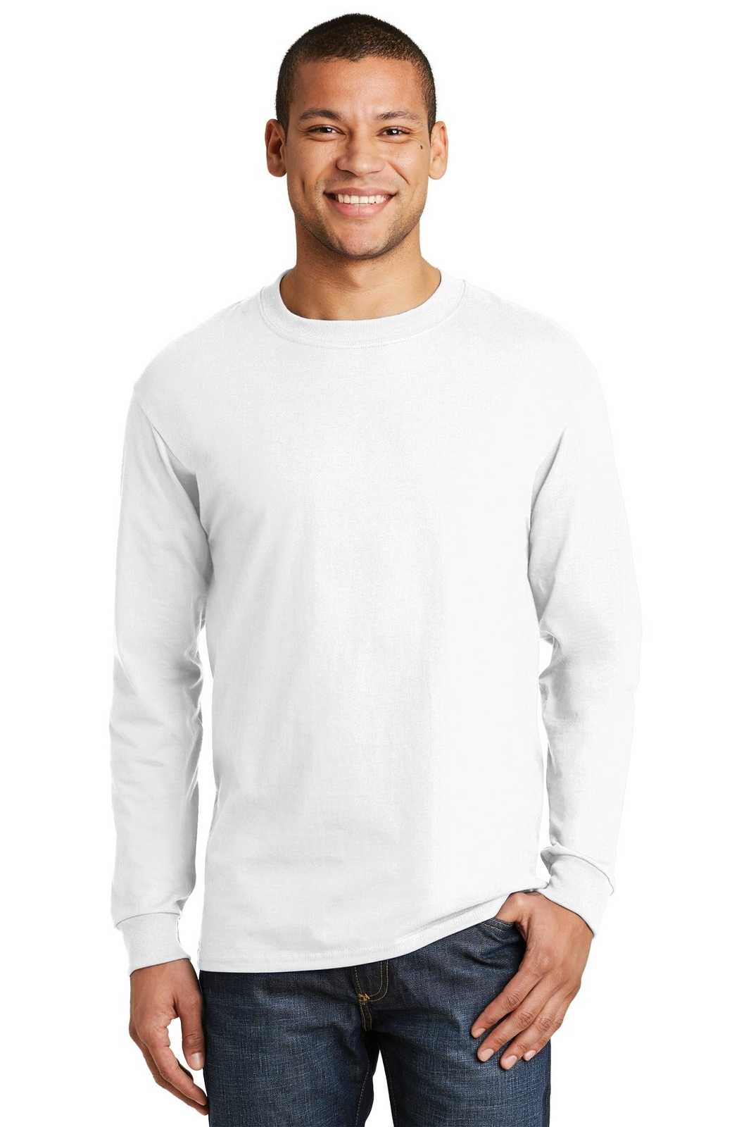 Hanes 5186 Beefy-T 100% Cotton Long Sleeve T-Shirt - White - HIT a Double