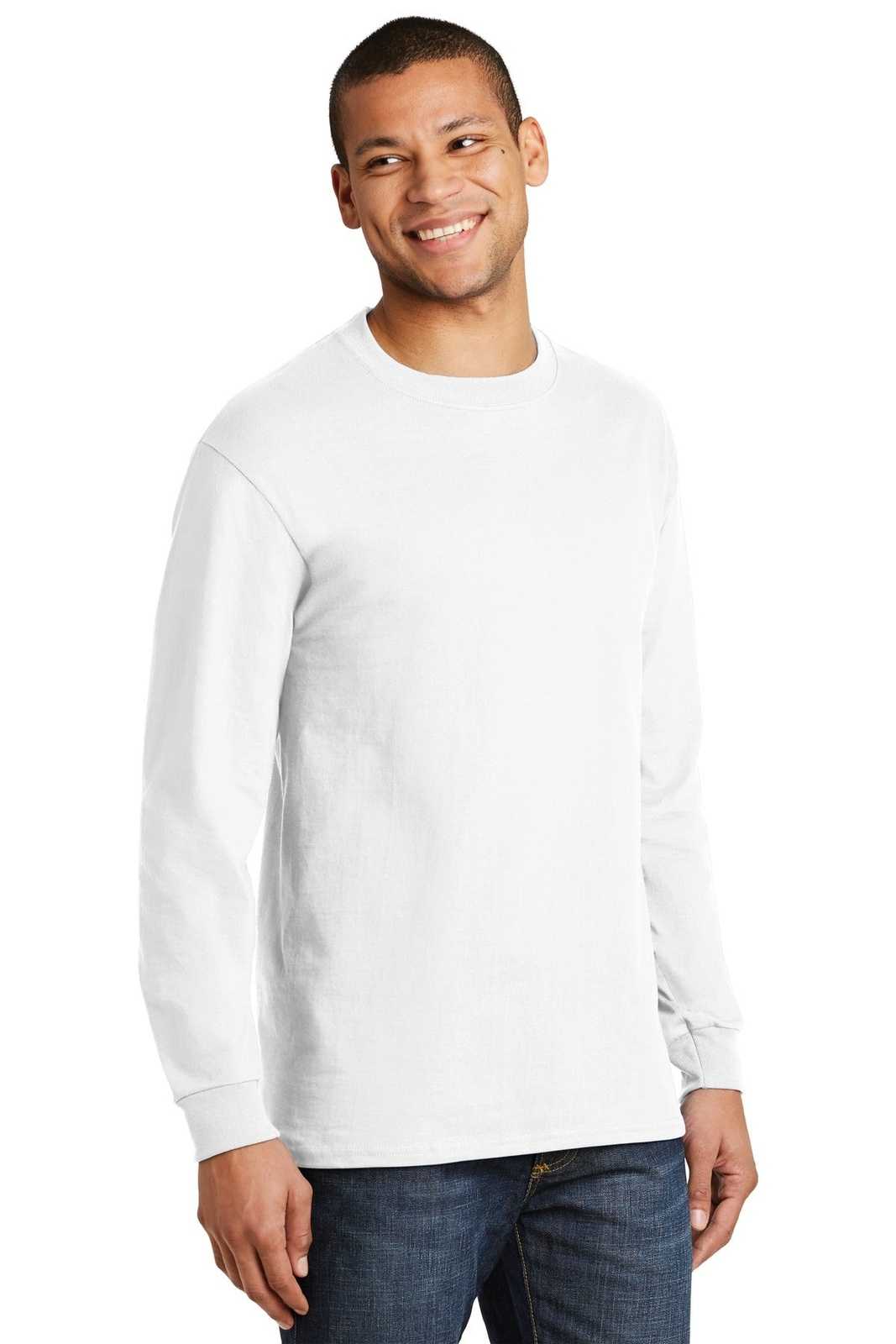 Hanes 5186 Beefy-T 100% Cotton Long Sleeve T-Shirt - White - HIT a Double