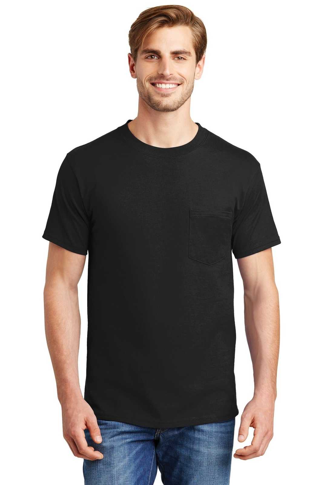 Hanes 5190 Beefy-T 100% Cotton T-Shirt with Pocket - Black - HIT a Double