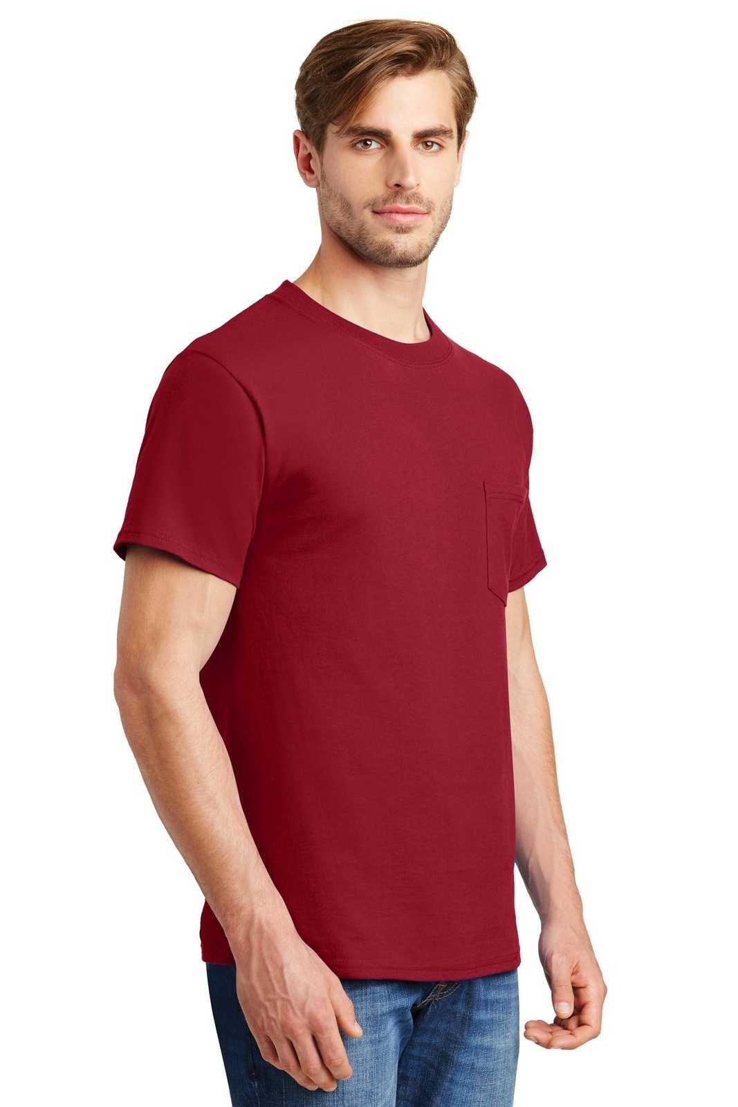 Hanes 5190 Beefy-T 100% Cotton T-Shirt with Pocket - Deep Red - HIT a Double