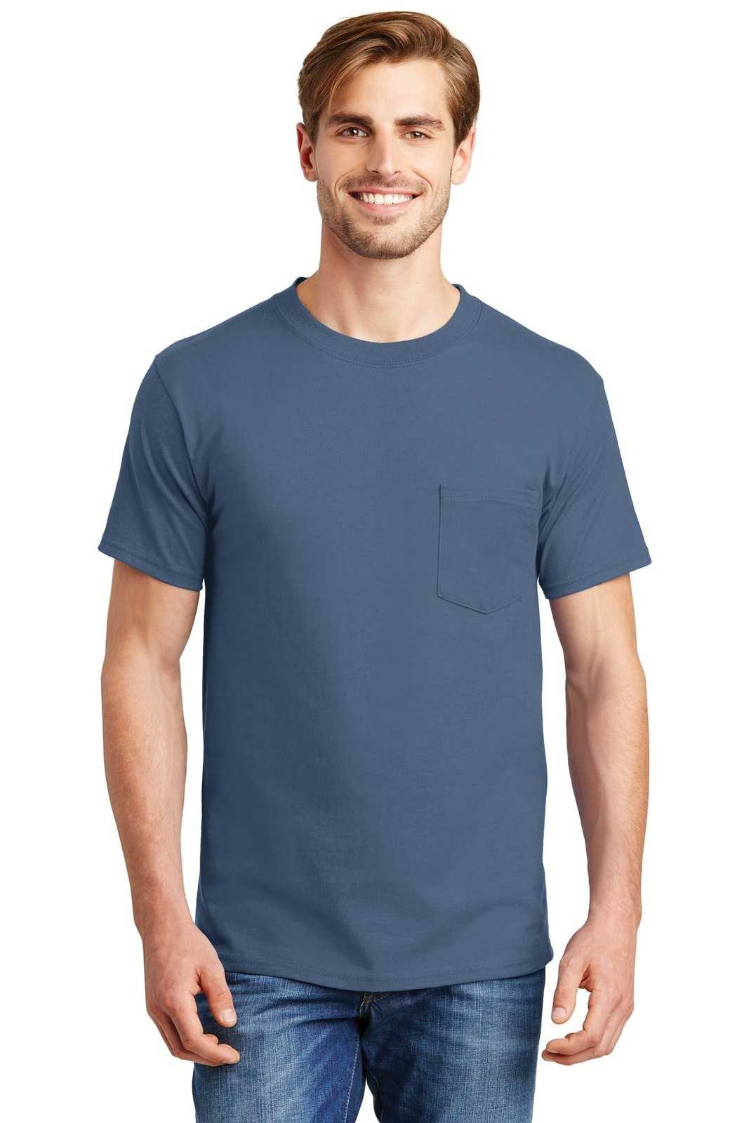Hanes 5190 Beefy-T 100% Cotton T-Shirt with Pocket - Denim Blue - HIT a Double