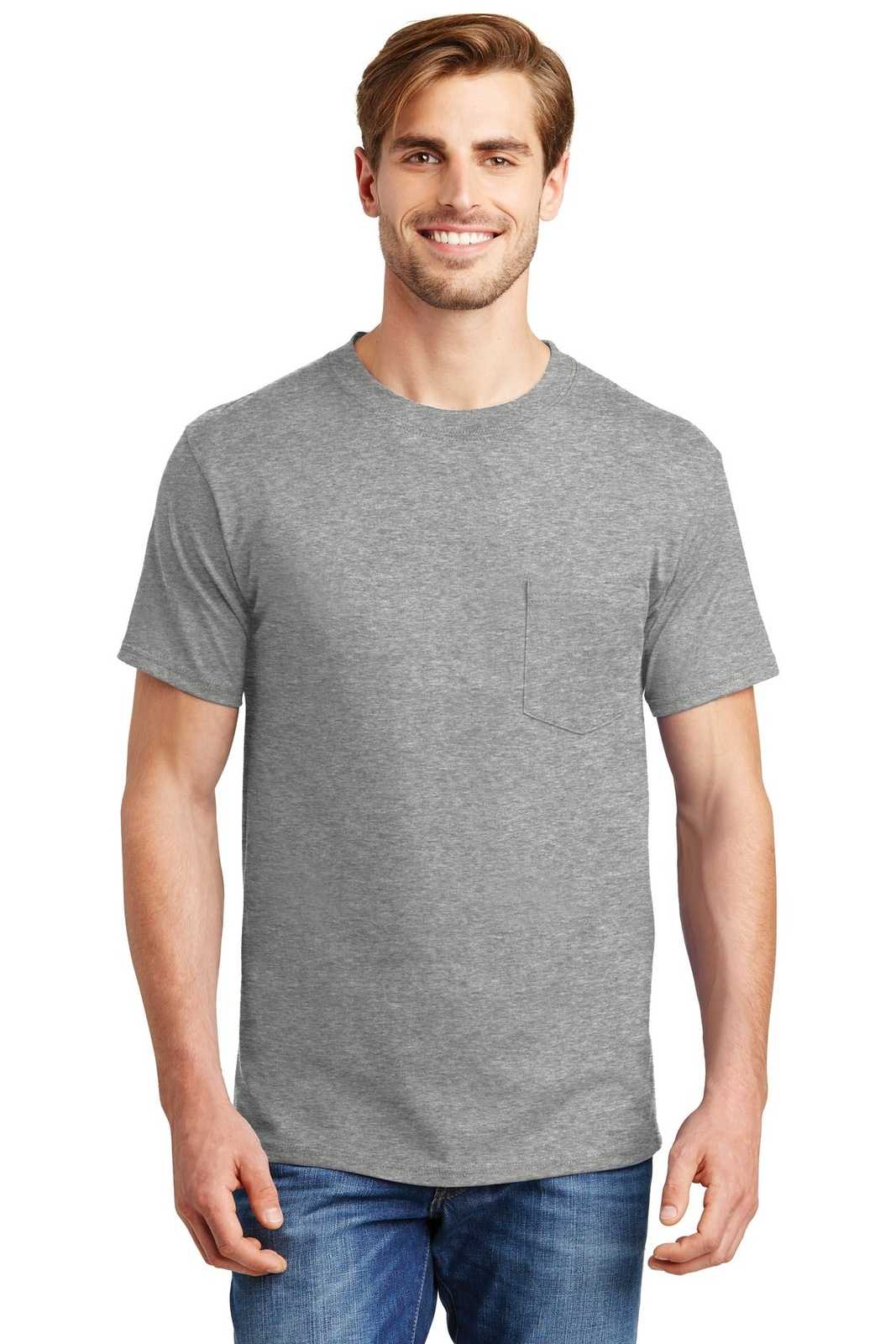 Hanes 5190 Beefy-T 100% Cotton T-Shirt with Pocket - Light Steel - HIT a Double