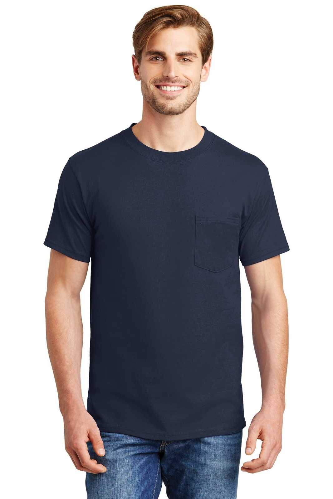 Hanes 5190 Beefy-T 100% Cotton T-Shirt with Pocket - Navy - HIT a Double