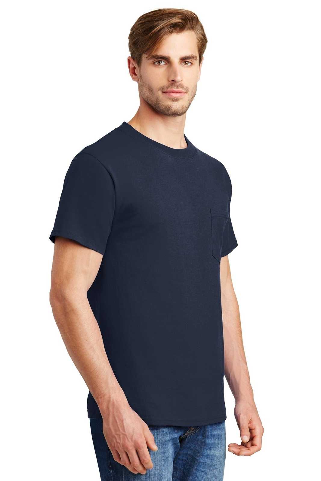 Hanes 5190 Beefy-T 100% Cotton T-Shirt with Pocket - Navy - HIT a Double