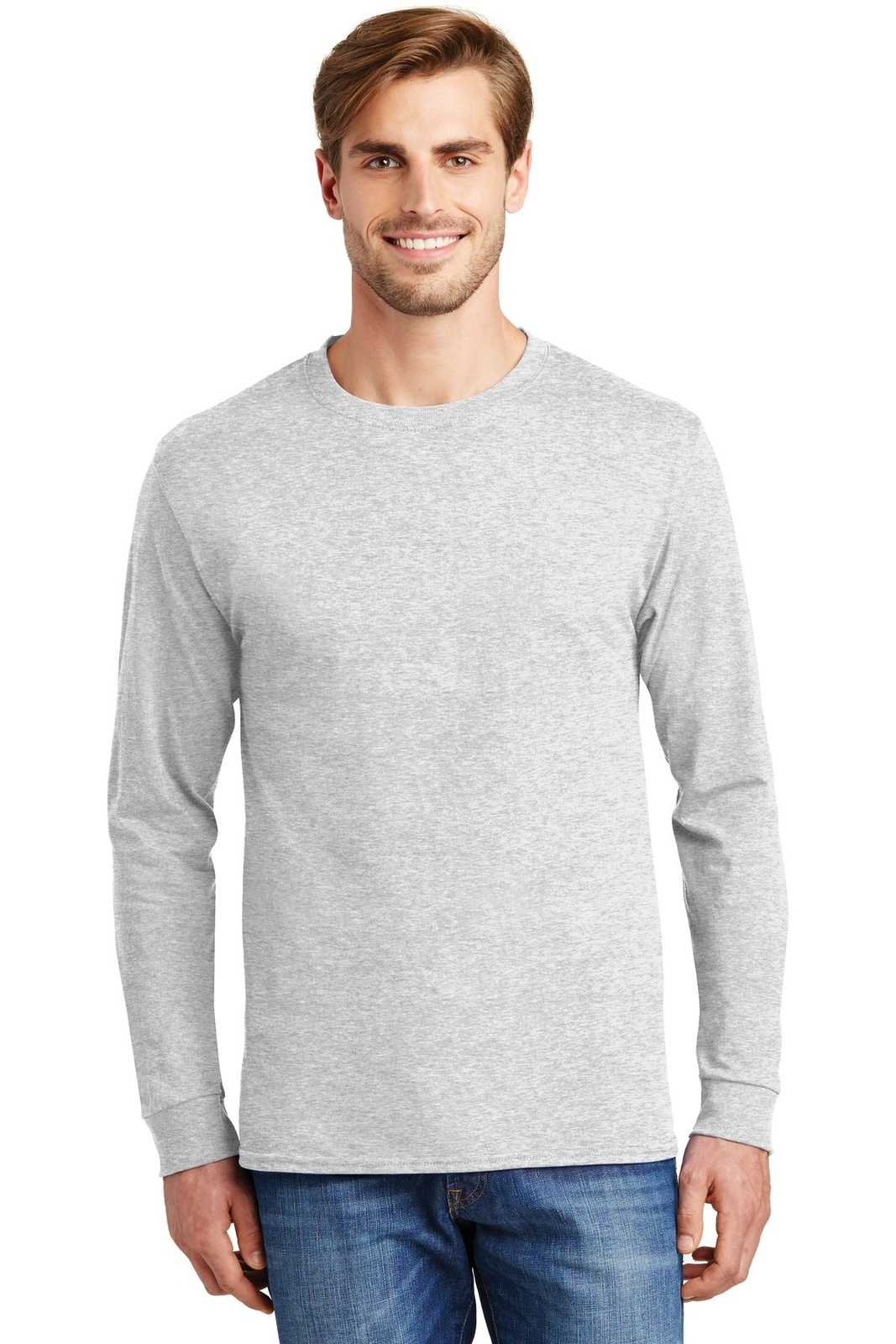 Hanes 5586 Tagless 100% Cotton Long Sleeve T-Shirt - Ash - HIT a Double
