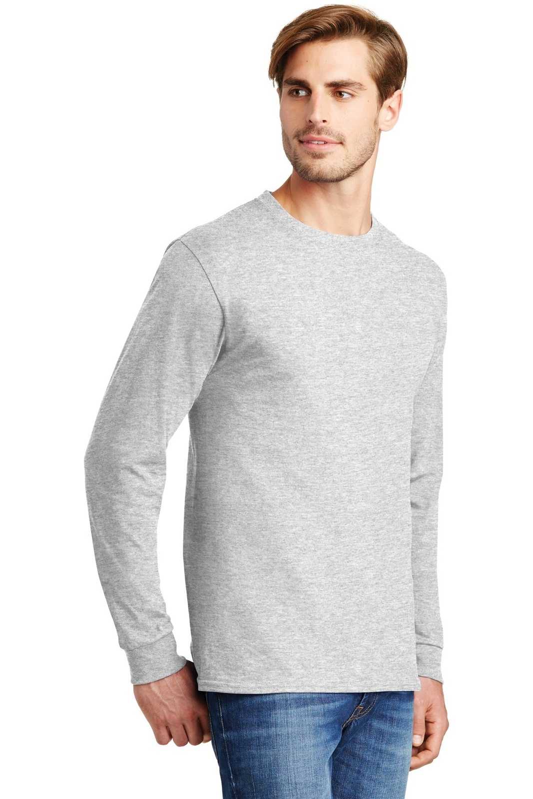 Hanes 5586 Tagless 100% Cotton Long Sleeve T-Shirt - Ash - HIT a Double