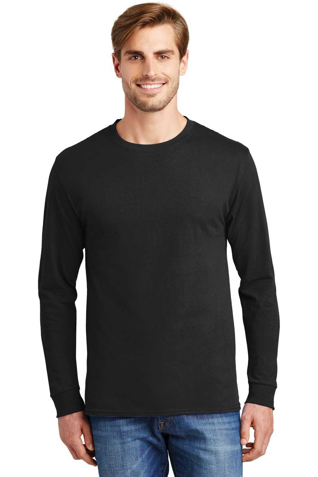 Hanes 5586 Tagless 100% Cotton Long Sleeve T-Shirt - Black - HIT a Double