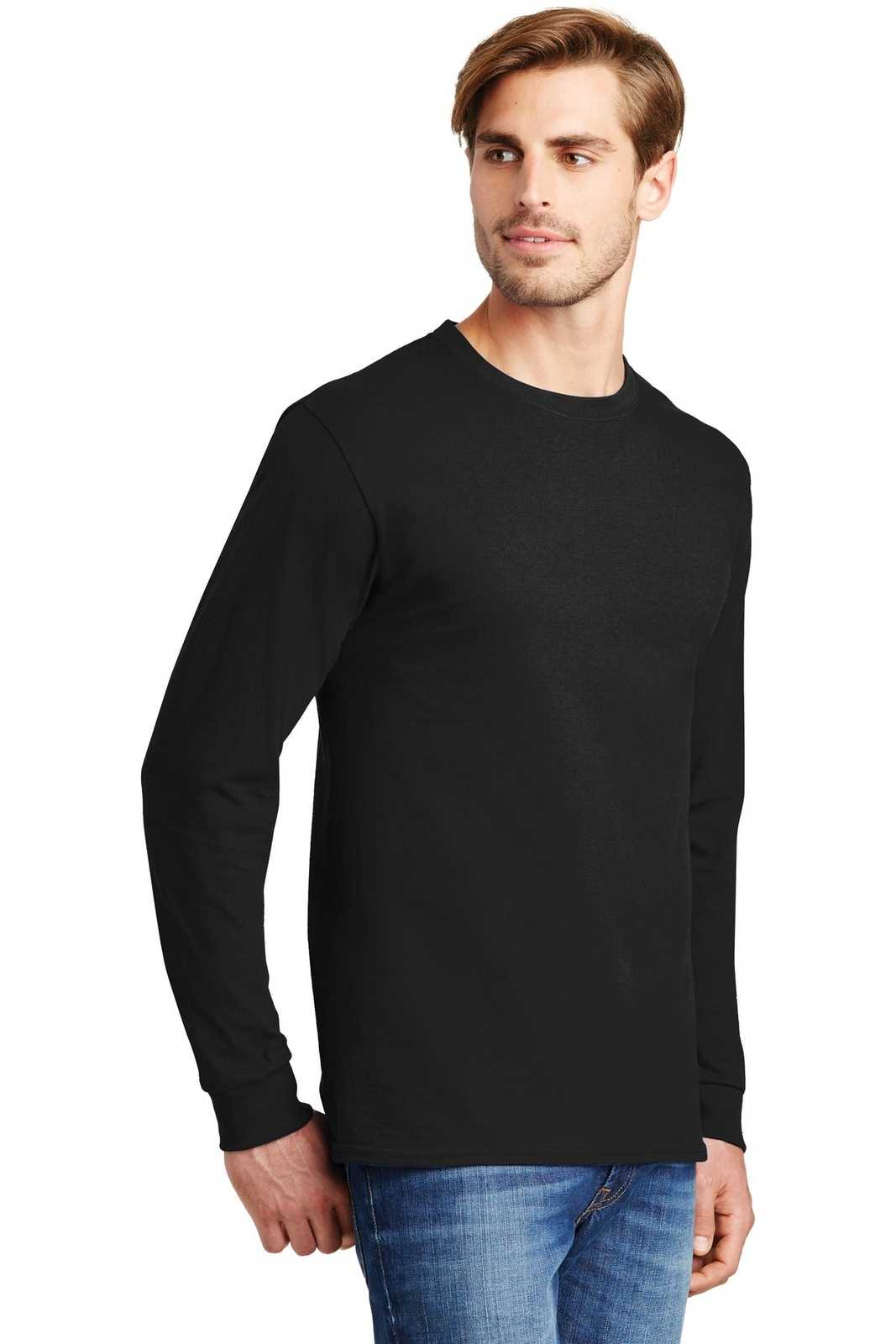Hanes 5586 Tagless 100% Cotton Long Sleeve T-Shirt - Black - HIT a Double