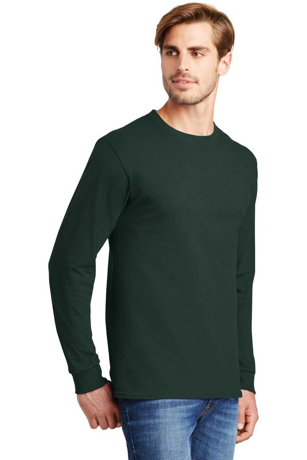 Hanes 5586 Tagless 100% Cotton Long Sleeve T-Shirt - Deep Forest - HIT a Double