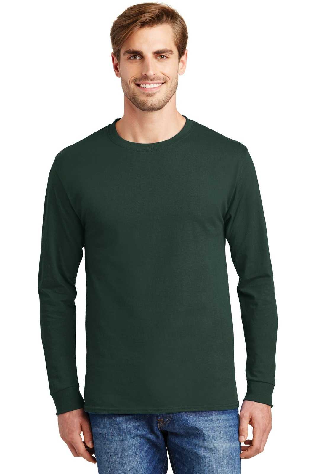 Hanes 5586 Tagless 100% Cotton Long Sleeve T-Shirt - Deep Forest - HIT a Double