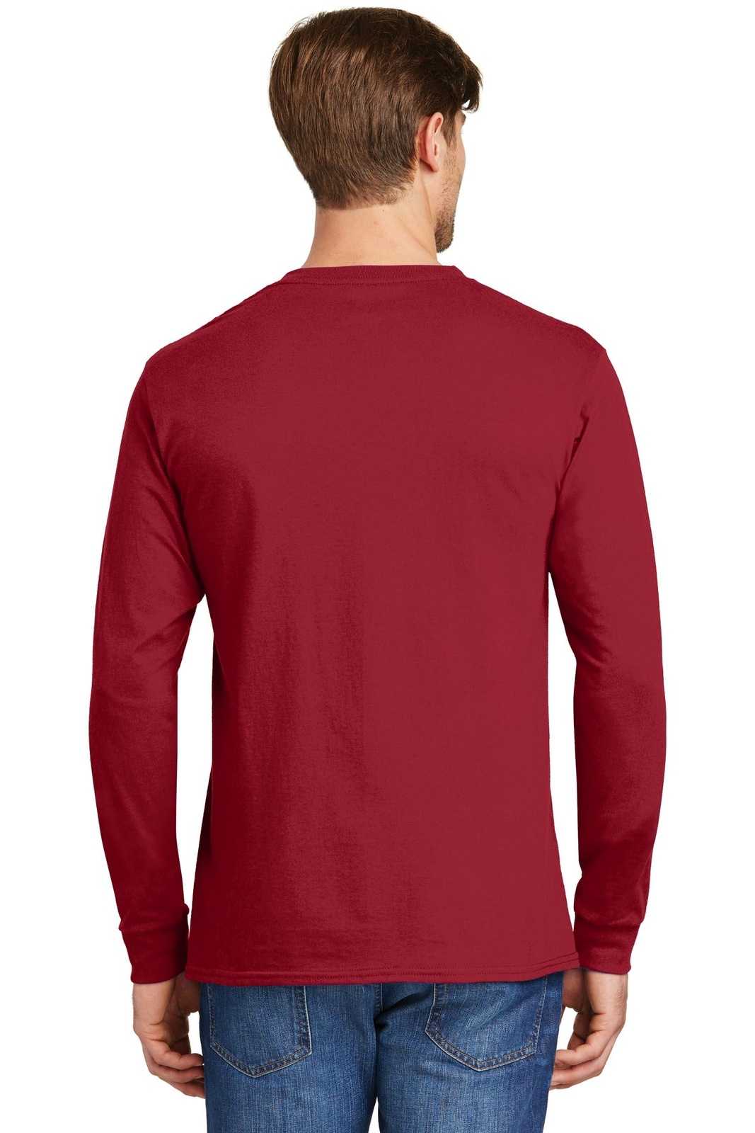 Hanes 5586 Tagless 100% Cotton Long Sleeve T-Shirt - Deep Red - HIT a Double