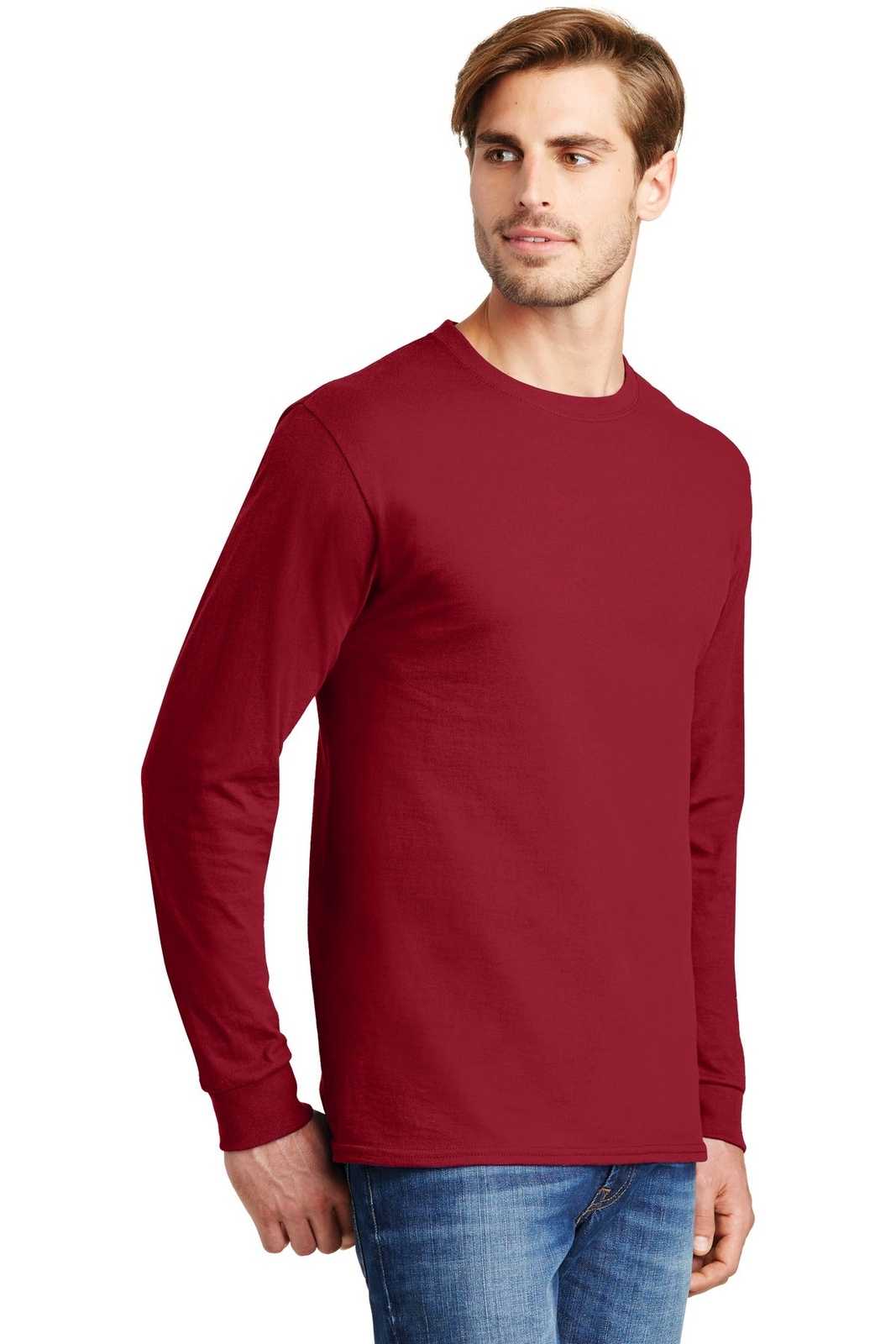 Hanes 5586 Tagless 100% Cotton Long Sleeve T-Shirt - Deep Red - HIT a Double