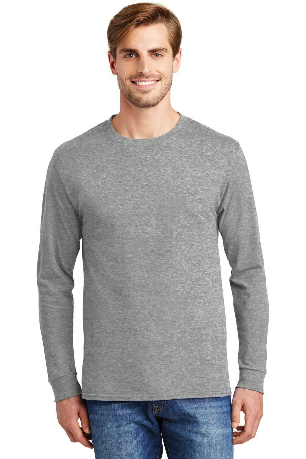 Hanes 5586 Tagless 100% Cotton Long Sleeve T-Shirt - Light Steel - HIT a Double