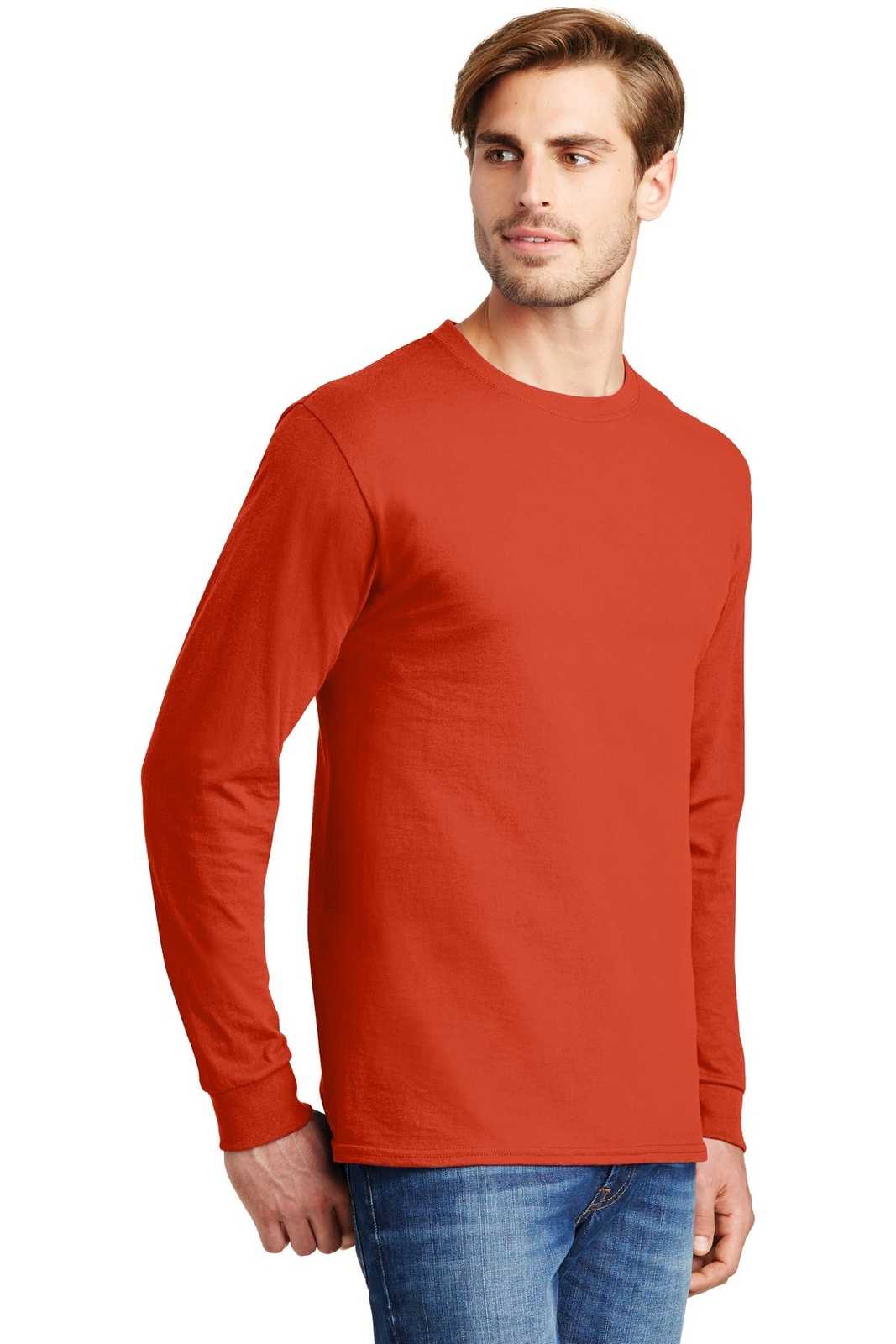 Hanes 5586 Tagless 100% Cotton Long Sleeve T-Shirt - Orange - HIT a Double