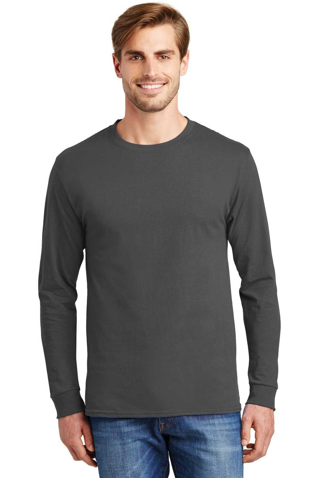 Hanes 5586 Tagless 100% Cotton Long Sleeve T-Shirt - Smoke Gray - HIT a Double