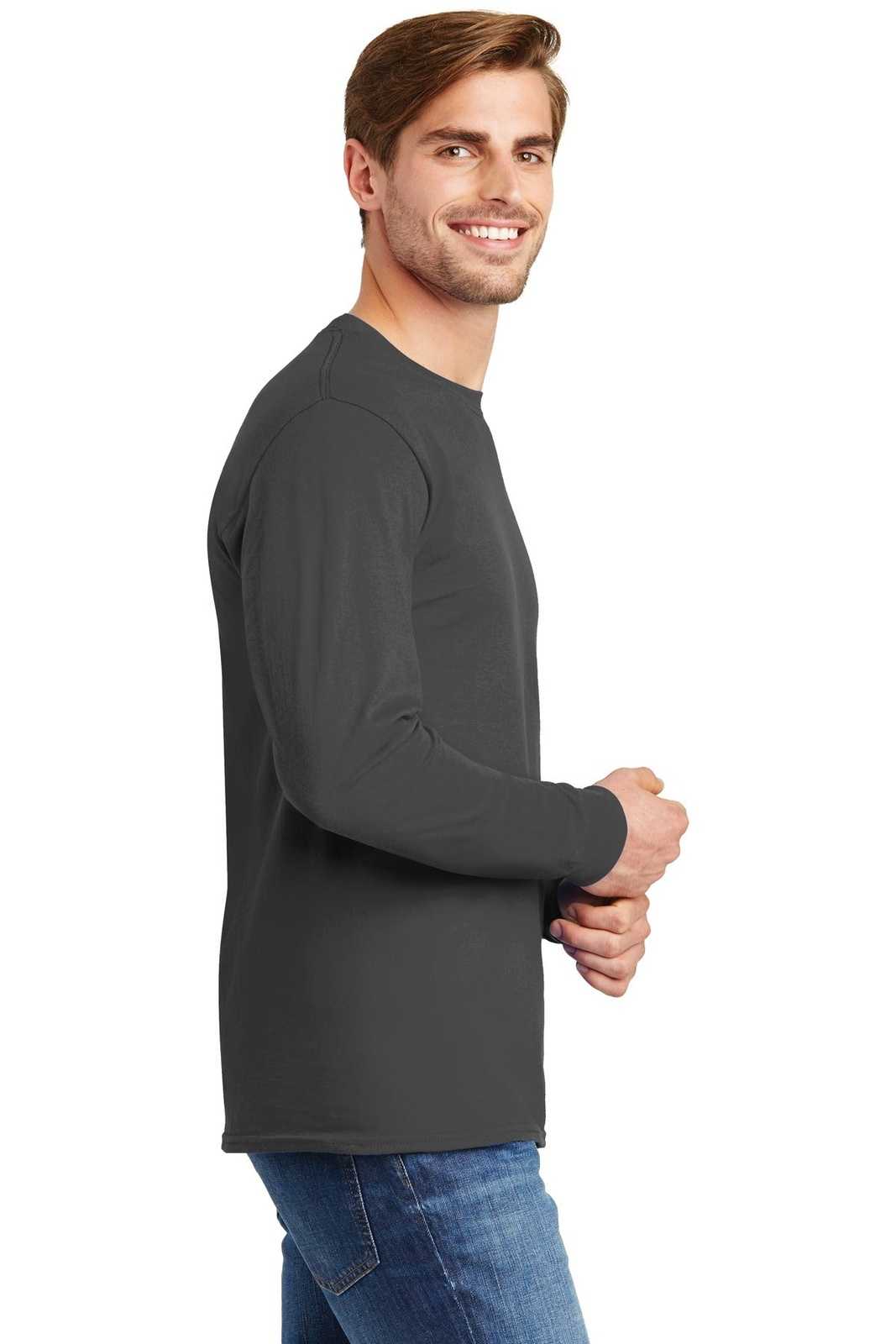 Hanes 5586 Tagless 100% Cotton Long Sleeve T-Shirt - Smoke Gray - HIT a Double