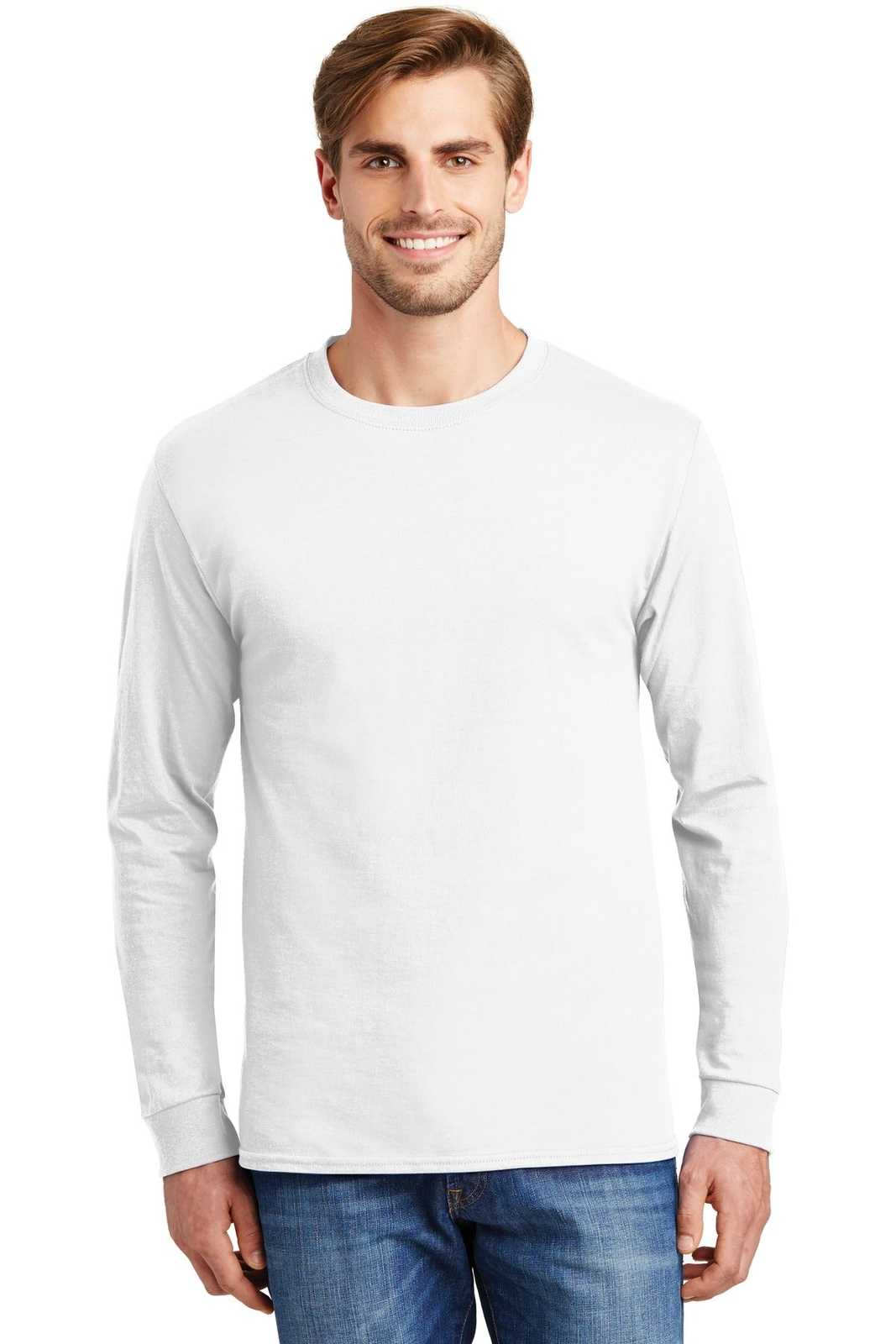 Hanes 5586 Tagless 100% Cotton Long Sleeve T-Shirt - White - HIT a Double
