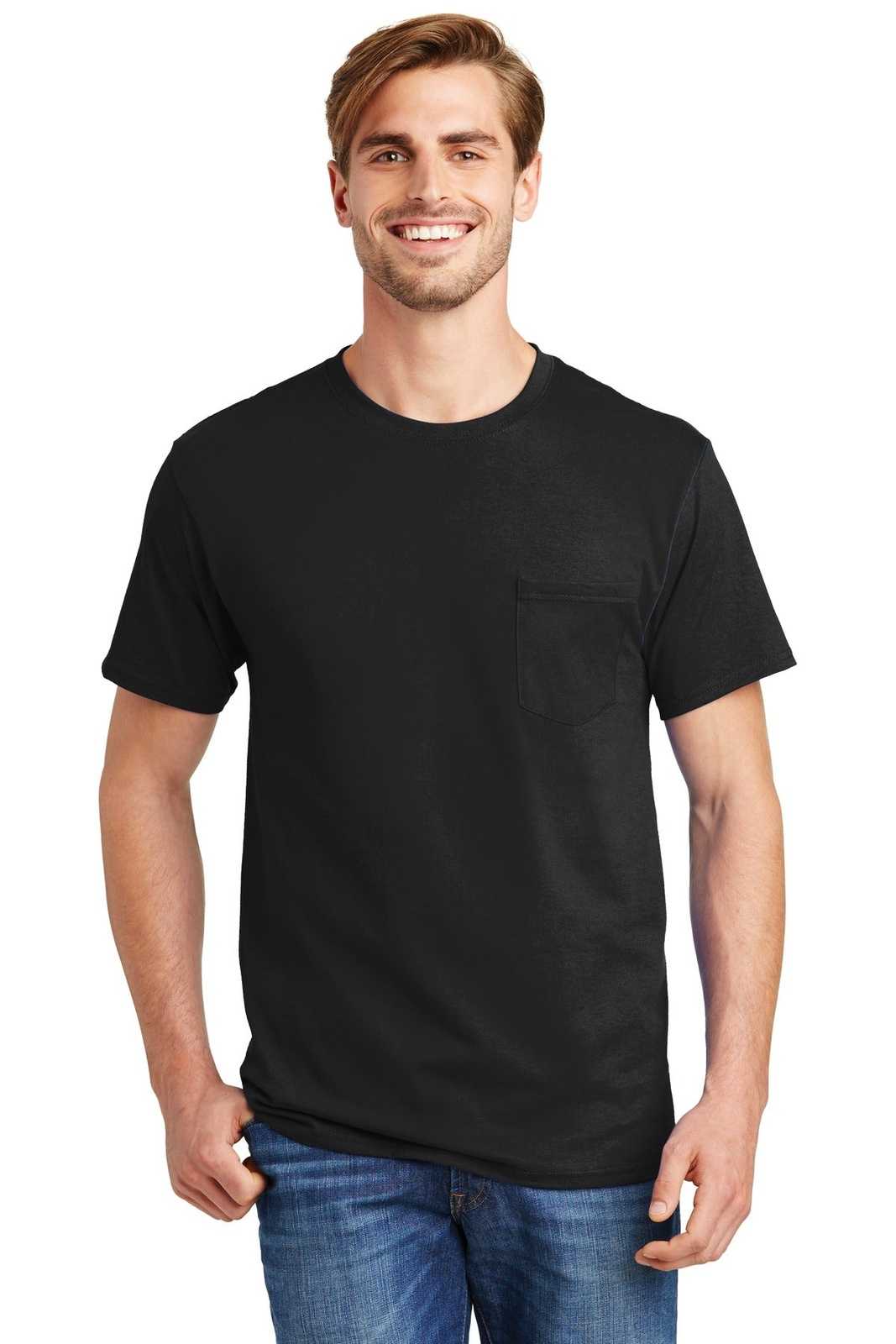 Hanes 5590 Tagless 100% Cotton T-Shirt with Pocket - Black - HIT a Double