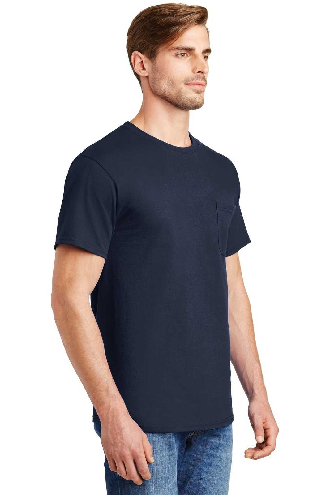 Hanes 5590 Tagless 100% Cotton T-Shirt with Pocket - Navy - HIT a Double