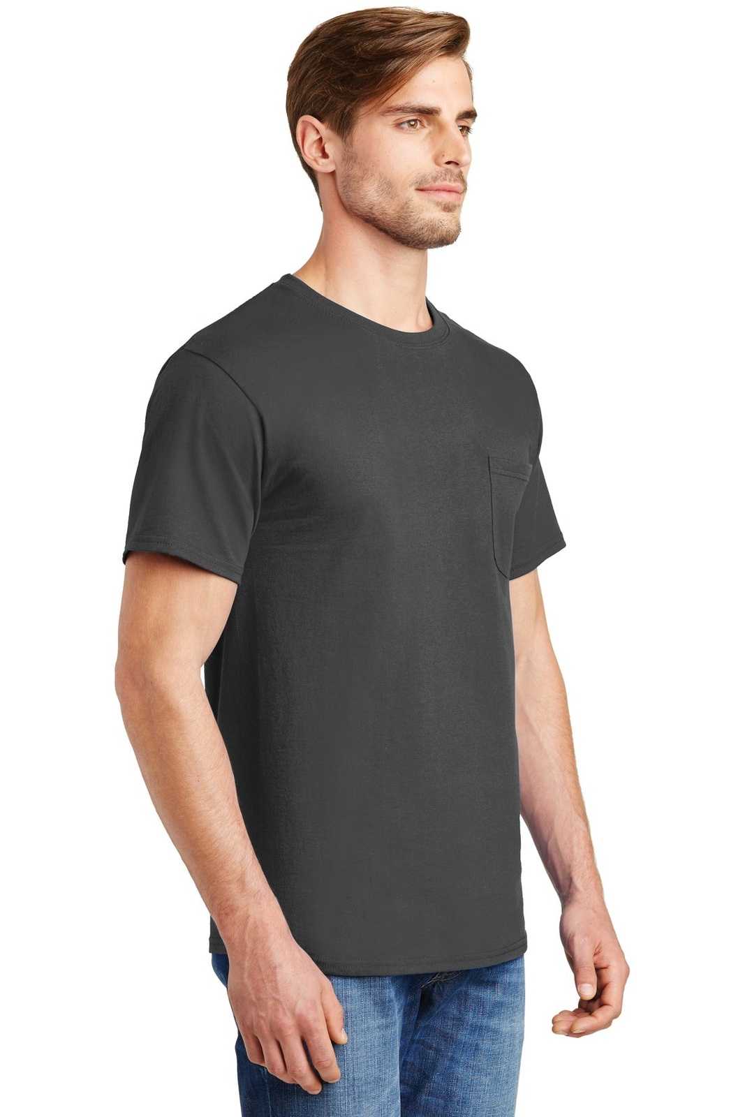 Hanes 5590 Tagless 100% Cotton T-Shirt with Pocket - Smoke Gray - HIT a Double