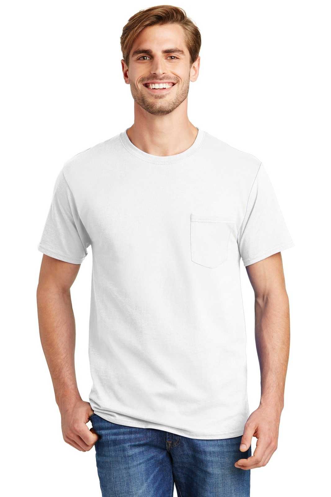 Hanes 5590 Tagless 100% Cotton T-Shirt with Pocket - White - HIT a Double