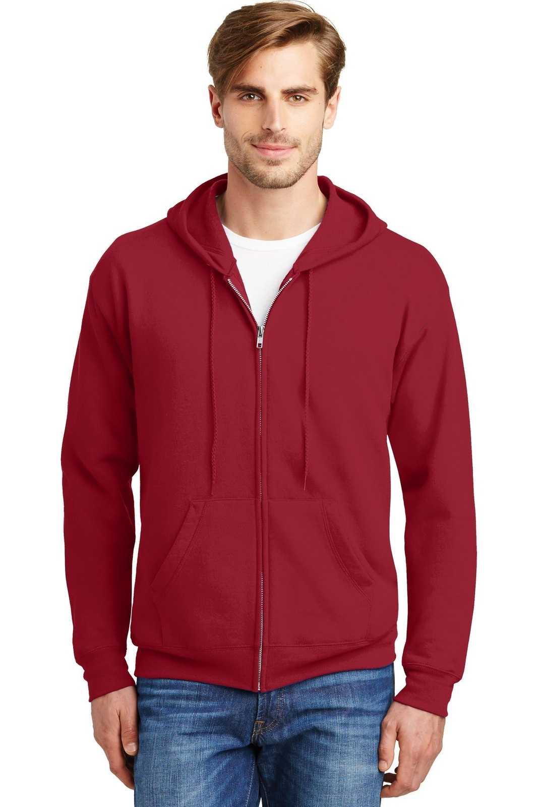 Hanes P180 Ecosmart Full-Zip Hooded Sweatshirt - Deep Red - HIT a Double