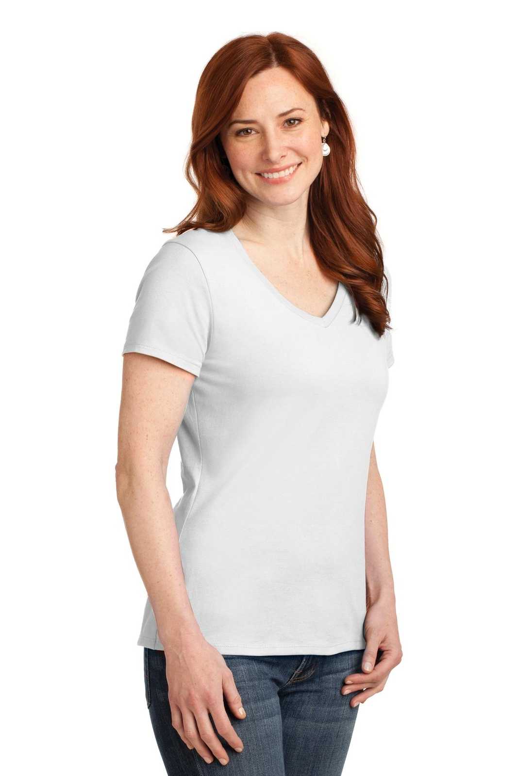 Hanes S04V Ladies Nano-T Cotton V-Neck T-Shirt - White - HIT a Double