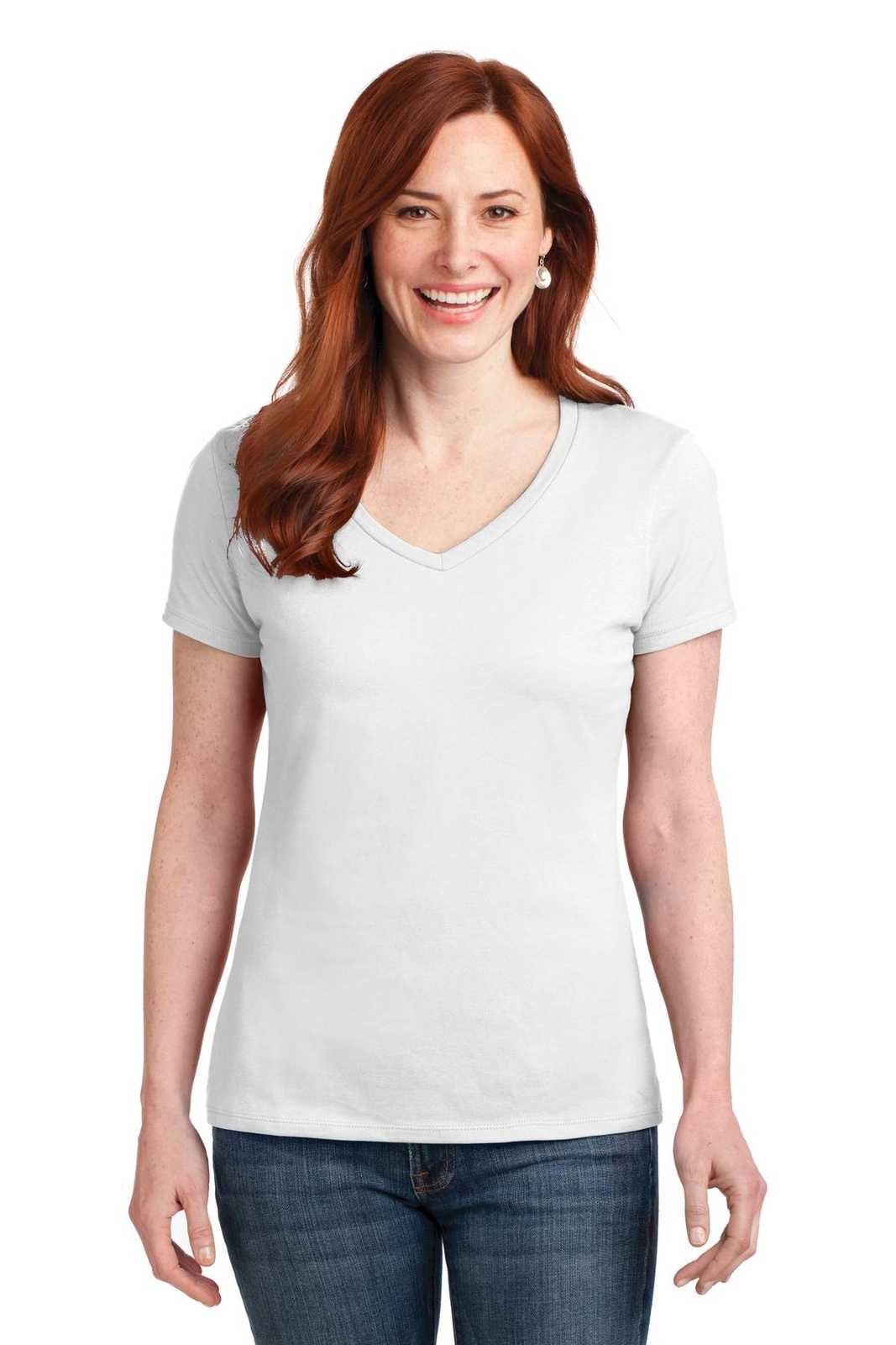 Hanes S04V Ladies Nano-T Cotton V-Neck T-Shirt - White - HIT a Double