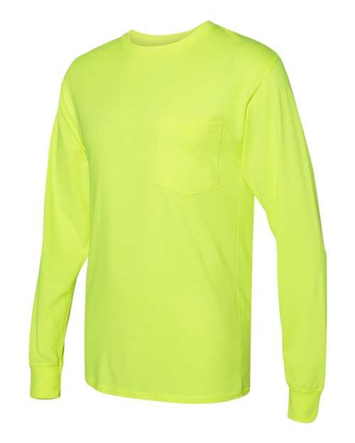Hanes W120 Workwear Long Sleeve Pocket T-Shirt - Safety Green - HIT a Double