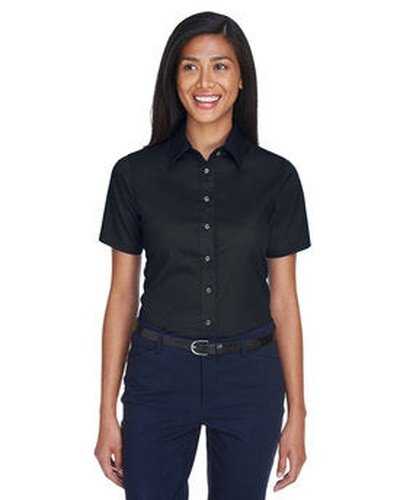 Harriton M500SW Ladies&#39; Easy Blend Short-Sleeve Twill Shirt with Stain-Release - Black - HIT a Double