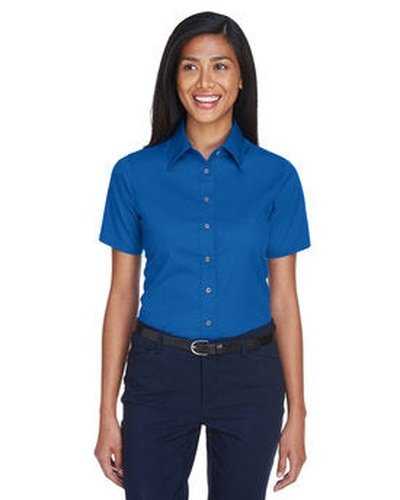 Harriton M500SW Ladies&#39; Easy Blend Short-Sleeve Twill Shirt with Stain-Release - French Blue - HIT a Double