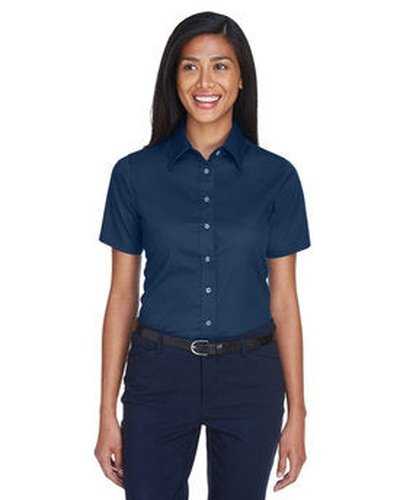 Harriton M500SW Ladies&#39; Easy Blend Short-Sleeve Twill Shirt with Stain-Release - Navy - HIT a Double